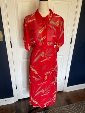 Notations Red Printed Midi Lined Skirt Set Leaf Motif Sheer Top Size 1X